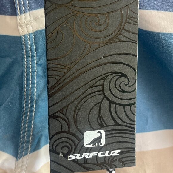NWT‎ Surf Cuz Men's Board Shorts Sz 30 Striped Print Blue Tan Swim Trunks Pocket - Picture 6 of 8